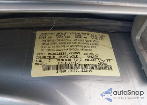 2007 Nissan Versa 1.8S из США, поврежденный, VIN 3N1BC13E27L411249